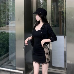 GUZILIAN | Elegant Black Lace Splice Mini Dress Womens Summer Sleeveless Short Skirt Slimming Bodycon Gown Commute Simple Style Uniform Fit