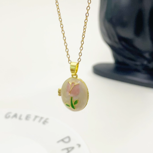 Vnox Necklaces Photo Customization for Women Gold Color Stainless Steel Chain Openable Enamel Tulip Pendant Necklace Daily Wear Gift