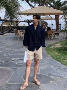 Loose Fit Mens Long Sleeve Shirt Thin Cotton Linen Korean Style East Gate Trendy Deep Blue Summer Casual Atmosphere Shirt