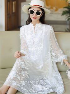 ชุดเดรสไหมคุณภาพสูงหรูหรา ทรงเอ แขนยาว ปกตั้ง ปักลาย สไตล์วินเทจ สำหรับงานเลี้ยงและงานปาร์ตี้ เดรสยาวปานกลาง