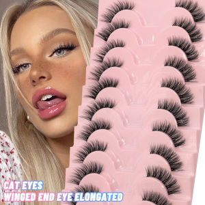 GROINNEYA 5/10 Pairs False Eyelashes Half Eye Lashes Cat Eye Lashes Natural Faux Mink Lashes Wispy Fluffy Eyelash Extension
