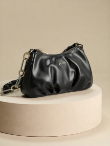 Josiny | Black Shoulder Crossbody Handbag Wrinkled Soft Leather Chain