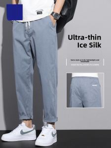 Romon Mens Casual Pants Summer Thin Ice Silk Trendy Loose Straight Corduroy Nine-Point Pants Youthful Vitality Style Cotton Polyester Spandex Blend