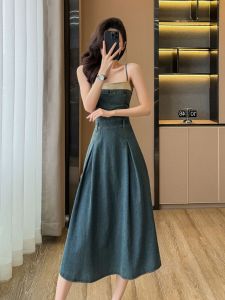 Summer Beach Vacation French Waist Cinching Slimming A-Line Long Dress Denim Halter Neck Cotton Polyester Blend Midi Skirt