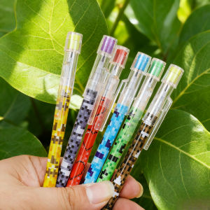 6 unsharpened mosaic pencils: 9-section break-resistant barrel + colorful pixel grip - retractable ink tip smooth writing
