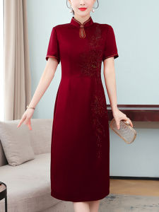 ชุดกี่เพ้าไหมสุดหรูสำหรับคุณแม่ของเจ้าสาว ชุดราตรีผู้หญิงฤดูร้อน ชุดราตรีสุดหรูหรา เอวกลาง แขนสั้น กระโปรงทรงเอ