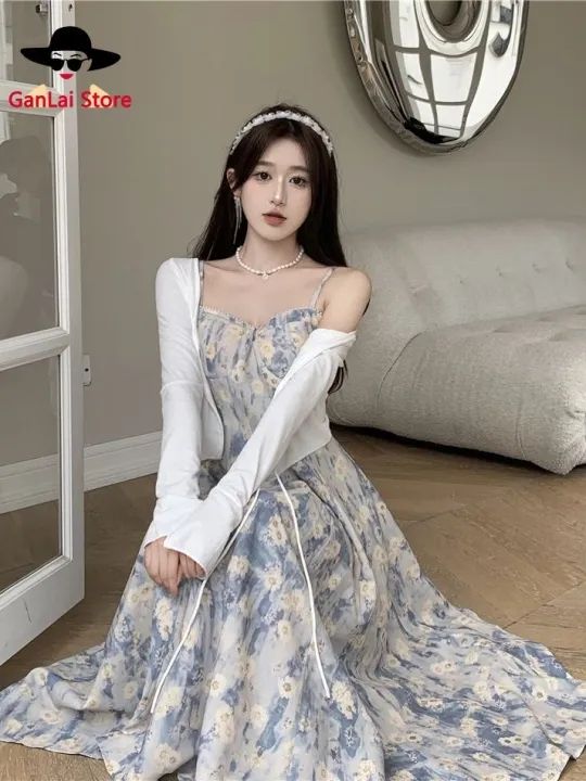 Women Dress Blue Dresses Oil Painting Suspender Dress Female