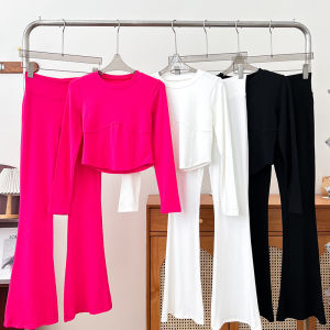 Slim Fit Long Sleeve round Neck T-Shirt High Waist Bell Bottom Wide Leg Pants Womens Fashion Set Autumn 2024 Collection
