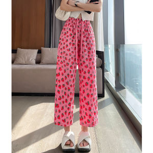 กางเกงขายาวพิมพ์ลายดอกไม้สีชมพูสำหรับผู้หญิง กางเกงขายาวทรงหลวมสบาย ๆ บาง กางเกงขายาวทรงเก้าส่วนสำหรับเดินทางในช่วงฤดูร้อน