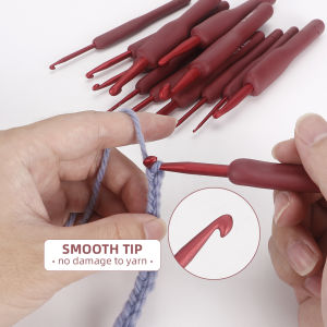 QJH Red Crochet Hooks Kit Ergonomic Rubber Grips and 14 Hook Sizes - Knitting & Crochet Supplies for for Beginner and Advanced