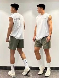 เสื้อกั๊กแขนกุดผ้าฝ้ายแท้สไตล์อเมริกันสำหรับผู้ชาย เสื้อกล้ามเนื้อแข็งสำหรับออกกำลังกายในช่วงฤดูร้อน สไตล์ฮิปฮอป ลำลอง