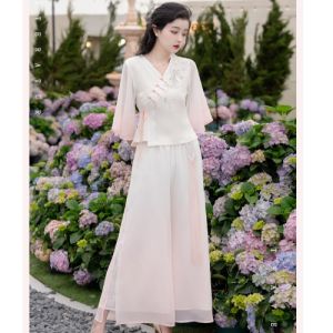 Reformulated Traditional Chinese Costume Womens Fashion V-neck Two-piece Set Ear Picking Professionals Workwear Summer