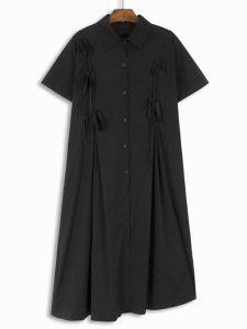 ชุดเดรสยาวแขนสั้นทรงเอสไตล์ย้อนยุคฤดูร้อนปี 2024 ทรงหลวม ผูกเชือกสีเข้ม กระโปรงทรงเอเอวสูง