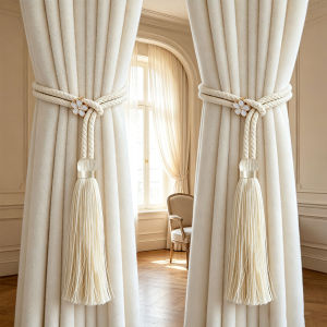 2pcs Beige Four-Leaf Clover Tassel Curtain Tiebacks French Cream Soft Ins Style Thick Woven Rope Drape Holdbacks for Bedroom
