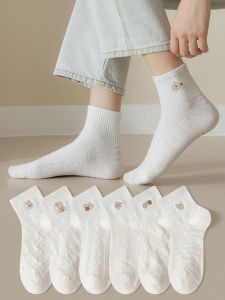 White Short Cotton Socks Womens Mid-Calf Thin Autumn Winter Spring Summer Breathable Sweat Absorbent Cute Embroidery Versatile
