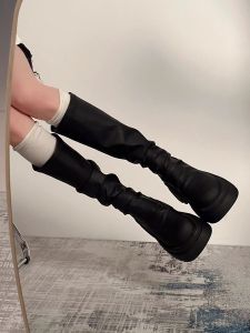 Womens Autumn Winter High Tube Long Boots Thick Bottom Black Slim Boot New 2025 Style Youth Daily Wear Zipper Closure round Toe