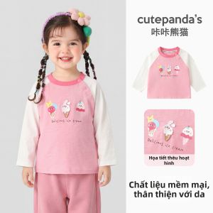 CUTEPANDAS | Áo Thun Tay Dài Màu Đối Chiếu Hình Hoạt Hình Thư Giãn