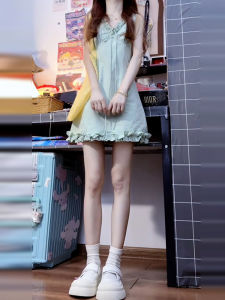 HUAYILING | Summer Green Sleeveless V-neck Vest Dress Womens Small Size High Waist Short Skirt Sweet Style A-line Dress Korean Style