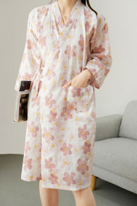 Fresh Japanese Style Ladies Pure Cotton Flannel Kimono Home Set Summer Collection Long Sleeve V-Neck Print Sleepwear And Robe