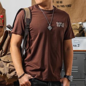 American Style Mens Short Sleeve T-Shirt Pure Cotton Casual Design Retro Top Trendy Summer Clothing Loose Fit round Neck