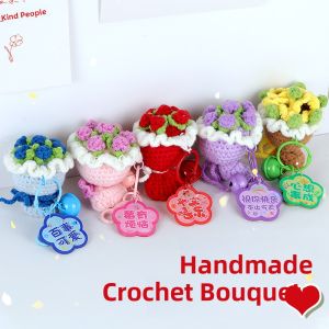 Mini Woven Festival Handheld Flower Bouquet Keychain Bag Charm Creative Gift for Lovers Cute Plush Material round Shape