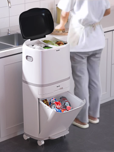 Kitchen Waste Bin Floor Standing Large Capacity Easy Access No Bending Double Layer High Model Classification Trash Can Mobile