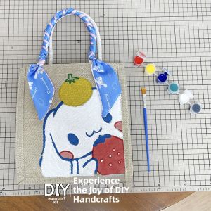 Hand-Painted Hemp Tote Bag DIY Material Kit Hand-Woven Coloring Bag Casual Shoulder Bag for Youth Cartoon Anime Pattern