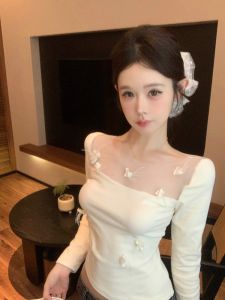 GUZILIAN | Elegant Heavyweight Feather Mesh Splice Long Sleeve Womens T-shirt Autumn Winter New Style Slimming Fit Ladylike Commute Style