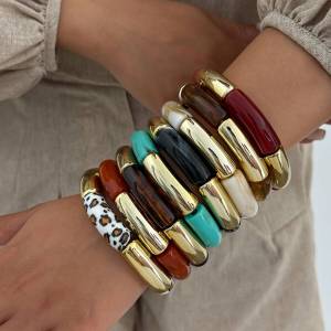 PuRui 8 Style Trendy Creative Stackable Round Tube Elastic Bracelet Women Men Vintage Acrylic Resin Bracelet Couple Jewelry Gift
