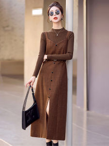 Elegant Vintage Knitted Skirt Set Womens Base Shirt Strap Dress Two-Piece Set Slimming High Waist Long Sleeve Autumn Fashion