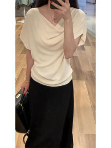 YUEZHONGWEI | เสื้อยืดแขนสั้นผ้าไหมน้ำแข็งถักสไตล์ฝรั่งเศสสำหรับผู้หญิงในช่วงฤดูร้อน เสื้อแขนกุดหลวมๆ ทรงเข้ารูป เสื้อคลุมไหล่ สไตล์เกาหลี