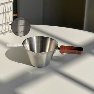 Stainless Steel American Espresso Coffee Measuring Cup with Walnut Handle Liquid Catching Cup Scale Engraved Durable Coffee Tools