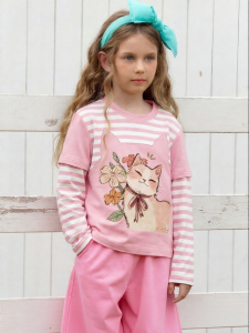 PPTOWN | Girls Spring Long Sleeve T-Shirt Striped Cat Print