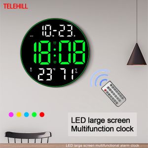 12 Inch Large Digital Wall Clock Remote Control Temperature Humidity Date Time Week Display Dual Alarms Electronic LED Clock Large Screen Round Wall Clock