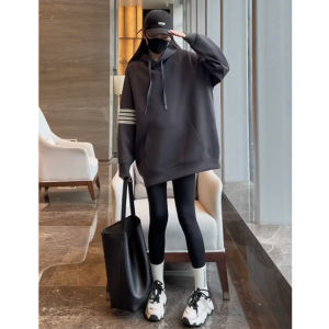 Womens Long Hoodie Sweatshirt Thickened Fleece Loose Fit Spring Autumn Winter Trendy Brand Korean Style Drawstring Pocket