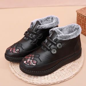 SHIPAILUO | Thickened Winter Snow Boots Womens Warm Fleece Lined Elderly Ladies Shoes Low Heel Round Toe Soft Inner Material Floral Pattern