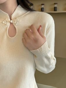 Thickened Fleece Knitted Sweater Womens Autumn Winter New Style Half High Collar Knitwear Integrated Velvet Button Detail