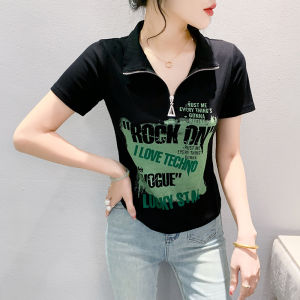 Yimei 2024 Mùa Hè in thời trang Tinh Khiết Cotton Top Đa Năng Giảm Béo ngắn tay thường ngày Áo phông có dây kéo