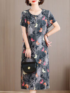 ชุดนอนผู้หญิงผ้าไหมคอตตอนฤดูร้อน ชุดนอนแขนสั้น กระโปรงยาวปานกลาง ชุดนอนฤดูร้อนสำหรับคุณแม่ไซส์ใหญ่ ชุดนอนผ้าฝ้าย