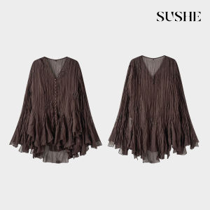 SUSHE | French Floral Embroidery Bell Sleeve Chiffon Shirt Set