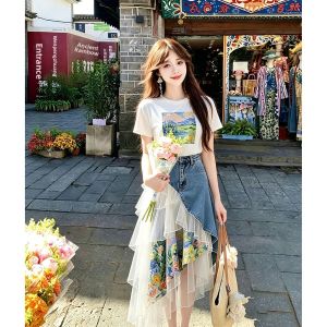 LIANGYILAILIN | Elegant & Loose Fitting T-Shirt and Denim Skirt Set