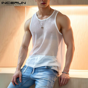 INCERUN Mens Sleeveless Sporty Sando Crew Neck Mesh Stylish Plain Vests Tops See Through Tanks (Korean Style)