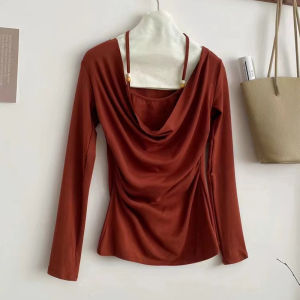 Design Sensual Pure Long Sleeve Neck Hanging Strap T-shirt Women Early Autumn New Sweet And Spicy Elegant Base Shirt Top