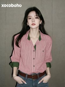 xocoboho | Elegant French Style Professional Office Wear Striped Long Sleeve Shirt