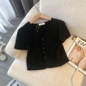 First-Line Brand Cut Label Big Brand Export Sample Clothes V Neck Short-Sleeved T-shirt Female Summer Stylish Niche Style Slimming Short Top