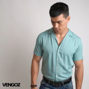 VENGOZ Kemeja Pria Pendek Polos Cuban Shirt - Viking Blue