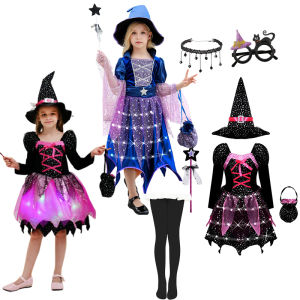 Led Girls Halloween Witch Costume Children Cosplay Vampire Princess Dress Dress Up Clothes With Hat Bag Carnival Party Outfits