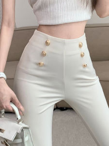 กางเกงขายาวทรงสูทเอวสูงสีขาว ทรงขาบาน ทรงเข้ารูป ทรงยาวถึงพื้น ทรงหางม้า ดีไซน์ฤดูใบไม้ผลิและฤดูใบไม้ร่วง