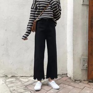 สูง เอว ขากว้าง เดนิม กางเกงยีนส์ ผู้หญิง ฤดูร้อน สั้น พลัสไซส์ หลวม พู่ ดีไซน์ กางเกงขายาว ท่อตรง กางเกงยีนส์ สีฟ้า