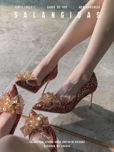 Red Embroidered Crystal High Heels Wedding Shoes Chinese Style Show Heel Single Shoes for Engagement And Bridal Dresses
